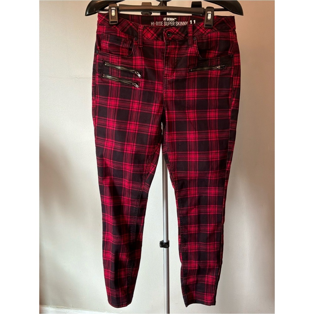 Hot Topic Plaid Skinny Jeans Juniors 11 Red Punk Emo CorporateGoth Checkered